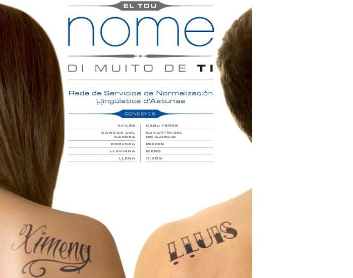 Cartel Campaña con tatuajes de nombres en asturiano